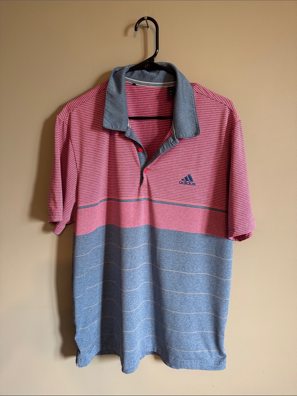 adidas Men's Pink and Blue Two-Tone Striped Polo